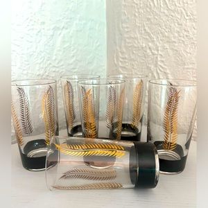 Vintage Libbey Glasswear - 1950s Black and Gold Leaf - set of 6 - 5 1/4” tall